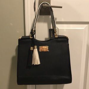 NWT Bebe Black, Gold & White Satchel Purse